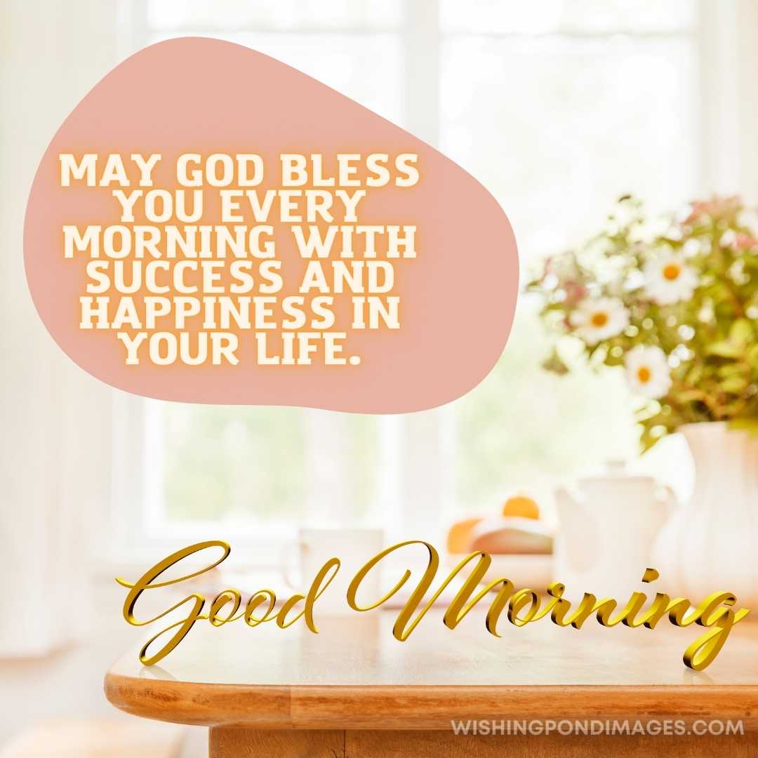Good Morning 3D text standing on wooden kitchen table top with blurred background showing. Good Morn